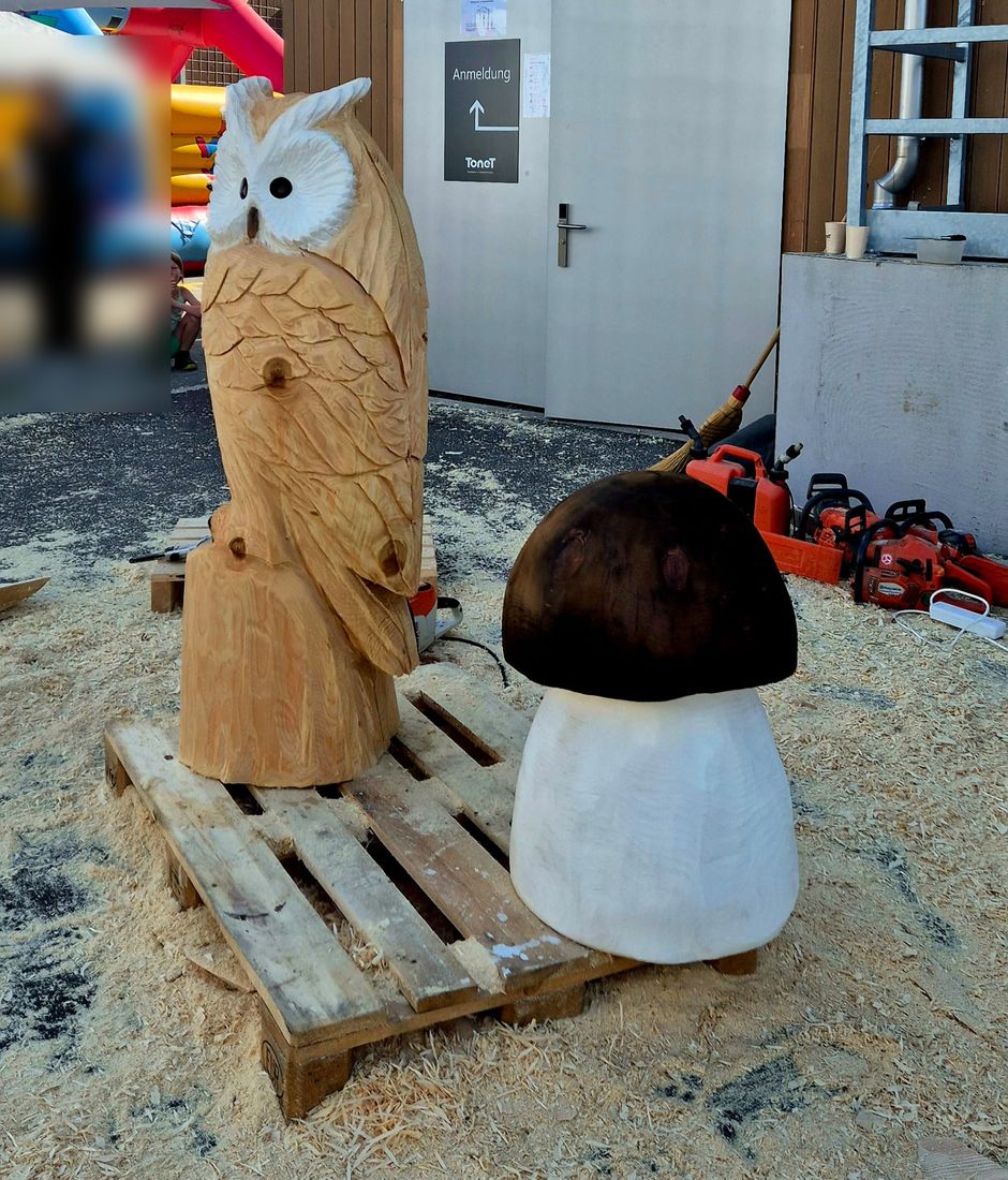 Eule mit Steinpilz aus Holz