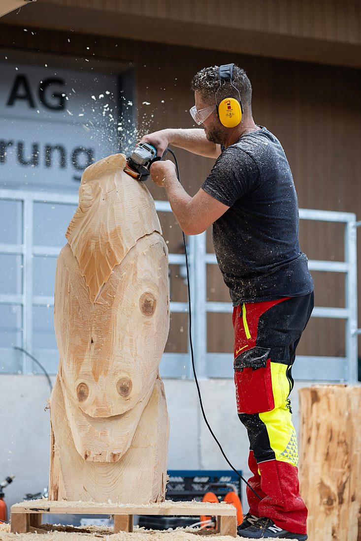Jüre arbeitet mit dem Schleifer an einer Eule, die Späne fliegen